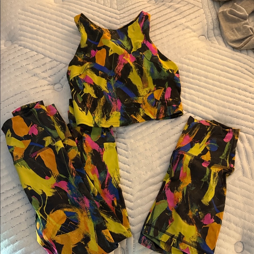 Colorful Abstract Print Lululemon Crop Top and Leggings Set. Women once.